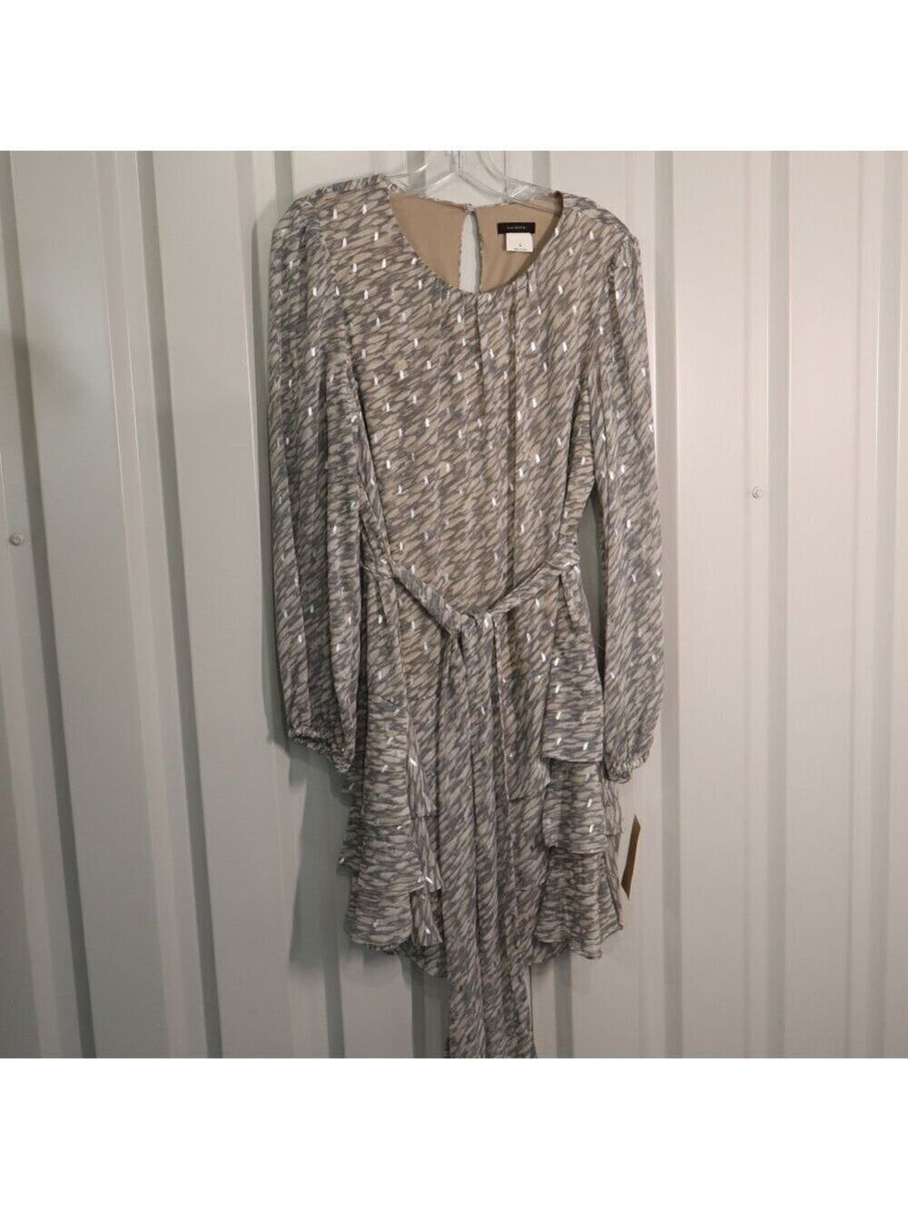 Halogen Womens Ruffle Knee Length Dress Silver Gray Tan Long Sleeve Size L NWT